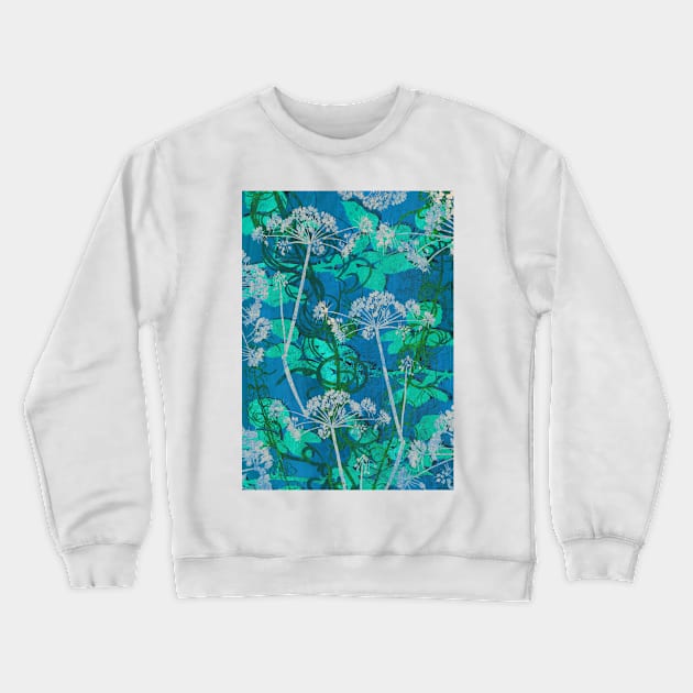 English Hedgerow Block Print Design in Teal and Blue Crewneck Sweatshirt by NattyDesigns